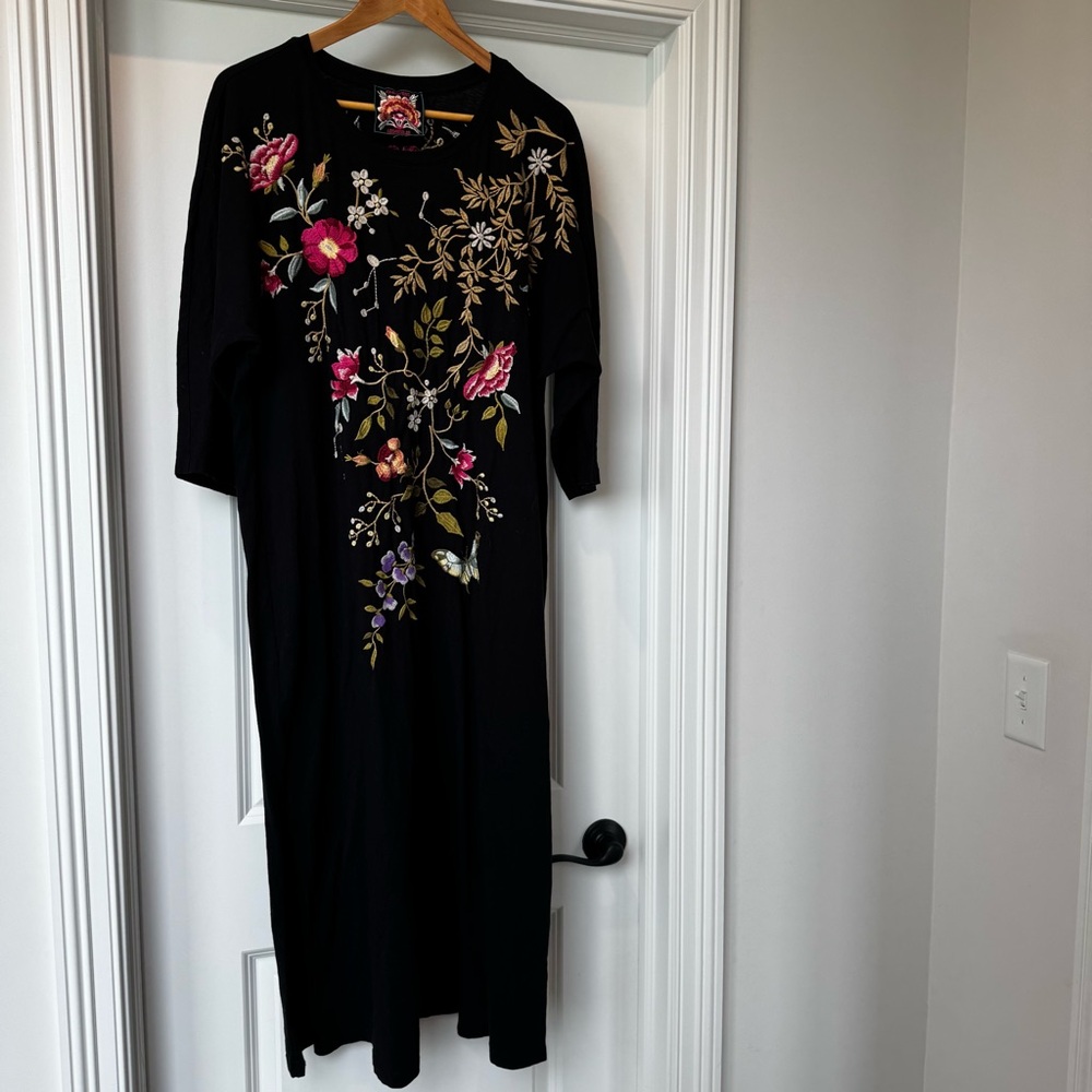 Johnny Was XL Embroidered Tunic Dress Black Floral Bird Boho Midi/Maxi - Picture 2 of 8